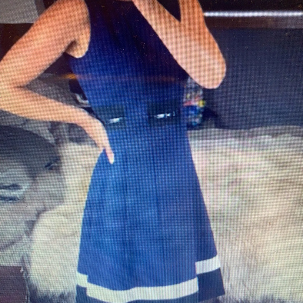 Calvin Klein Fit and Flare dress, navy, white, black stripe, size 8 sleeveless